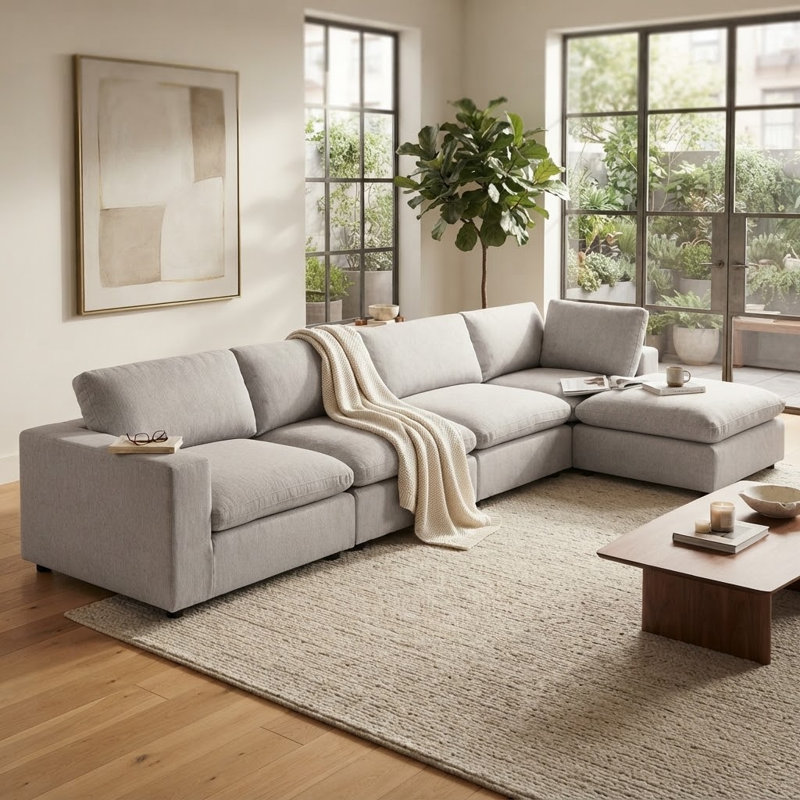 5-Piece Minimalist Modern Soft-Upholstered Sectional With Ottoman, Light Gray