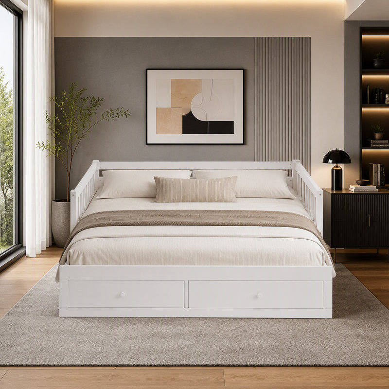 Lit de jour extensible avec lit gigogne escamotable, cadre de lit convertible en bois avec garde-corps et support à lattes, 2 tiroirs intégrés, facile à assembler, aucun sommier nécessaire