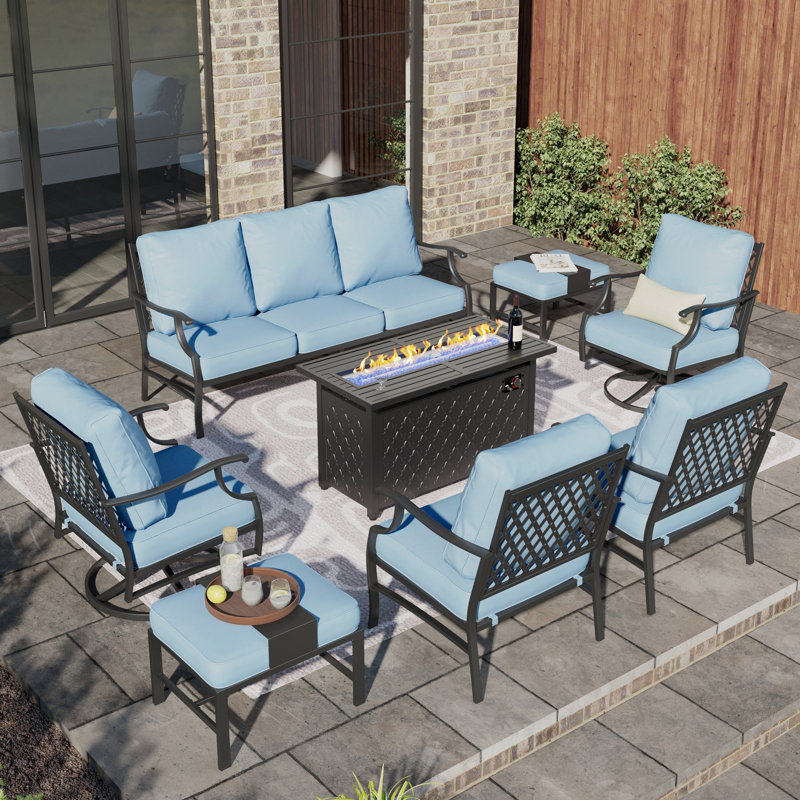 Akadian 9-Person Wicker Patio Conversation Set with Swivel Chairs, Cushion Pro Blue Performance, Yes