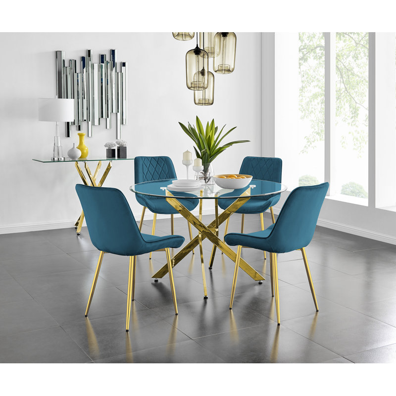 Tierra Modern Metal & Glass Round Dining Table Set with 4 Luxury Velvet Dining Chairs, Blue/Gold
