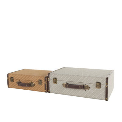 Delor Wooden Vintage Studded Woven Storage Decorative Multi Colored Trunk with Bronze Latch and Handle Set