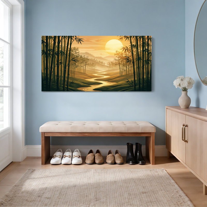Ensemble de 1 tableau sur toile tendue représentant un paysage de coucher de soleil dans une forêt de bambous, 4824