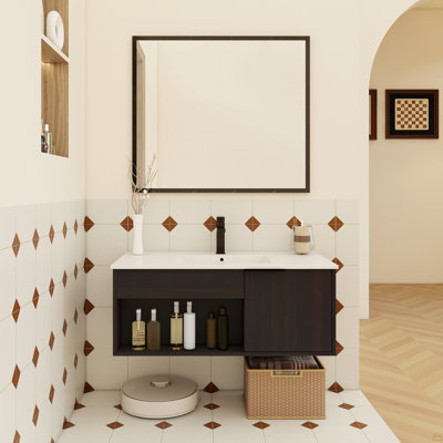 Meuble-lavabo flottant mural 36 po avec lavabo en céramique 36 po - Armoire moderne en chêne foncé avec tablette ouverte et porte à fermeture en douceur, espace de rangement spacieux (robinet et drain non inclus)