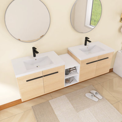 Meuble-lavabo mural Yexby 72 po avec 2 armoires, 4 portes à fermeture amortie, 1 tablette de rangement ouverte, poignées en métal noir, fini chêne naturel