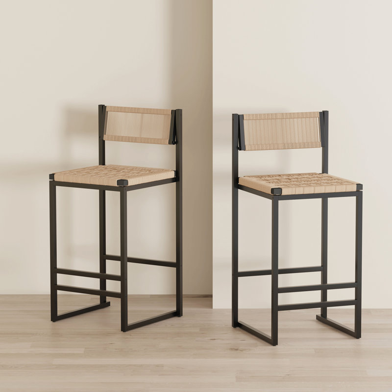 Set Of 2 Woven Bar Stools With Backrest Paper Rope Weave Dining Chairs For Kitchen Island, Brown