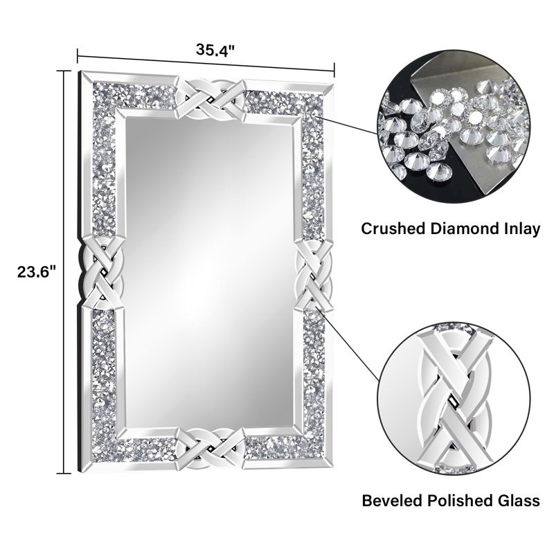 Miroirs muraux en diamant écrasé, miroirs de salon rectangulaires de 24 po x 36 po pour décoration murale, miroir d'entrée de salle à manger moderne et glamour dans la salle de bain 