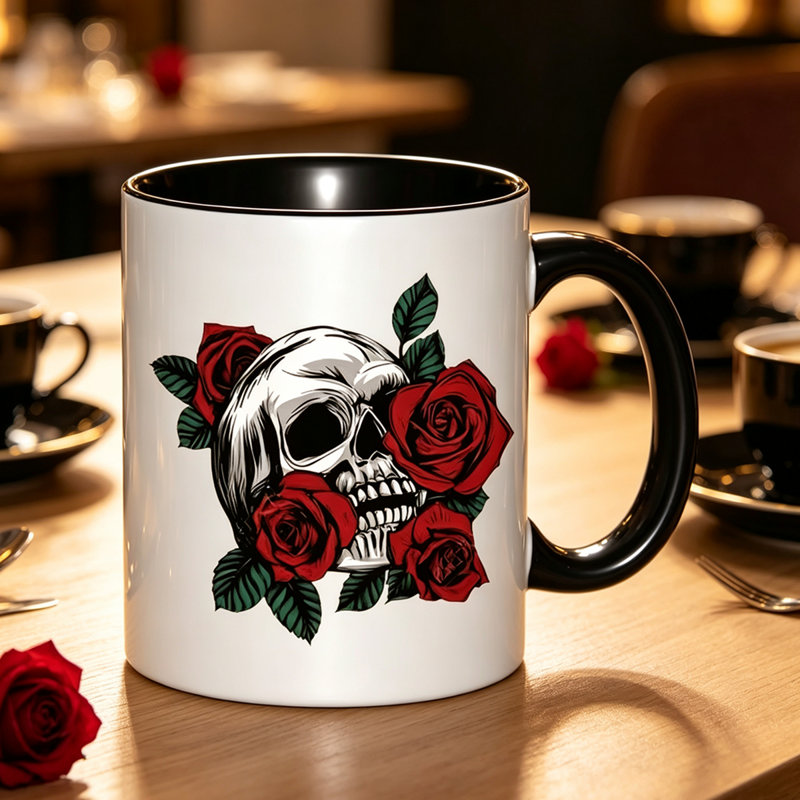 Gothic Ceramic Coffee Mug with Skull & Red Rose - Reusable Cup for Hot/Cold Drinks.
