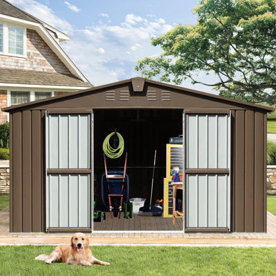 Remise en acier galvanisé 11 pi x 12,5 pi, buanderie de jardin en métal pour l'extérieur, porte verrouillable et fenêtres de rangement de 12,5 pi avec cadre brun, rangement,