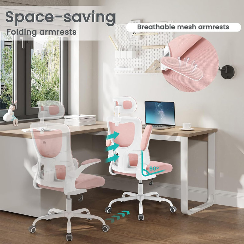 Geralde Office Chair with Headrest, White, Pink