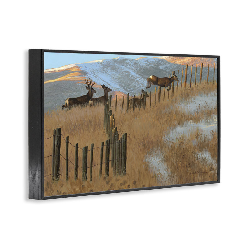 Art de giclée de cerf sautant par Rod Lawrence, Giclée encadrée noir minuit, H 20 po x l 30 po