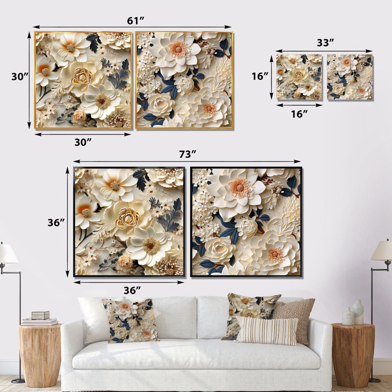 Laniel - ensemble de 2 reproductions d'art sur toile florales, Cadre blanc, H 16 po x l 33 po x P 1 po