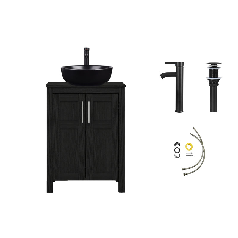Kreutzer 24.4'' Single Bathroom Vanity with Manufactured Wood Top, Black, Black, Circular