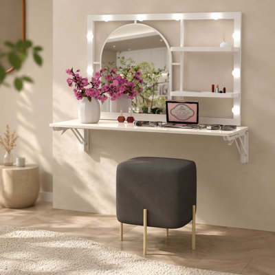 Coiffeuse murale flottante avec miroir arqué pour chambre à coucher, miroir de coiffeuse avec 12 ampoules DEL, cadre en métal, avec 4 étagères en métal, 35*29 pouces (blanc)
