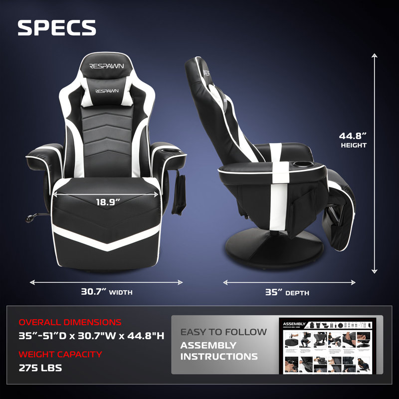 Fauteuil inclinable de jeu avec repose-pieds et support lombaire RESPAWN 900, White Faux Leather