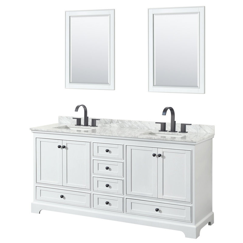 Ensemble de meuble-lavabo double 72 "avec miroir Deborah, Blanc, Or brossé
