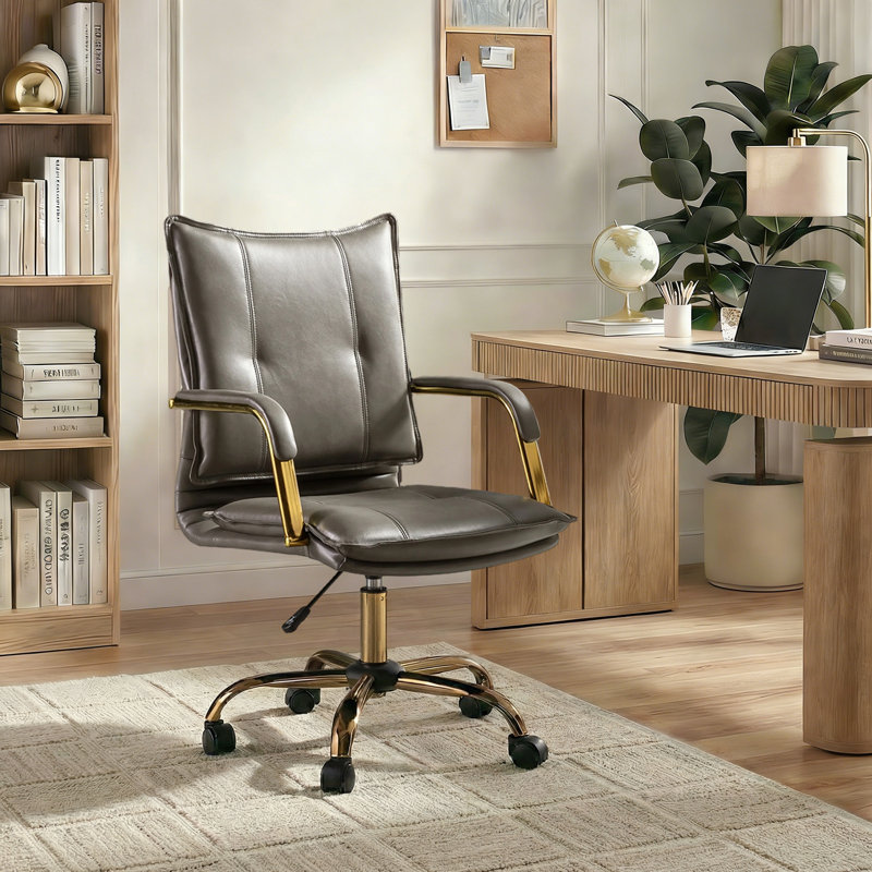 Lundgren Faux Leather Task Chair with Padded Arms, Grey Pebbled Faux Leather