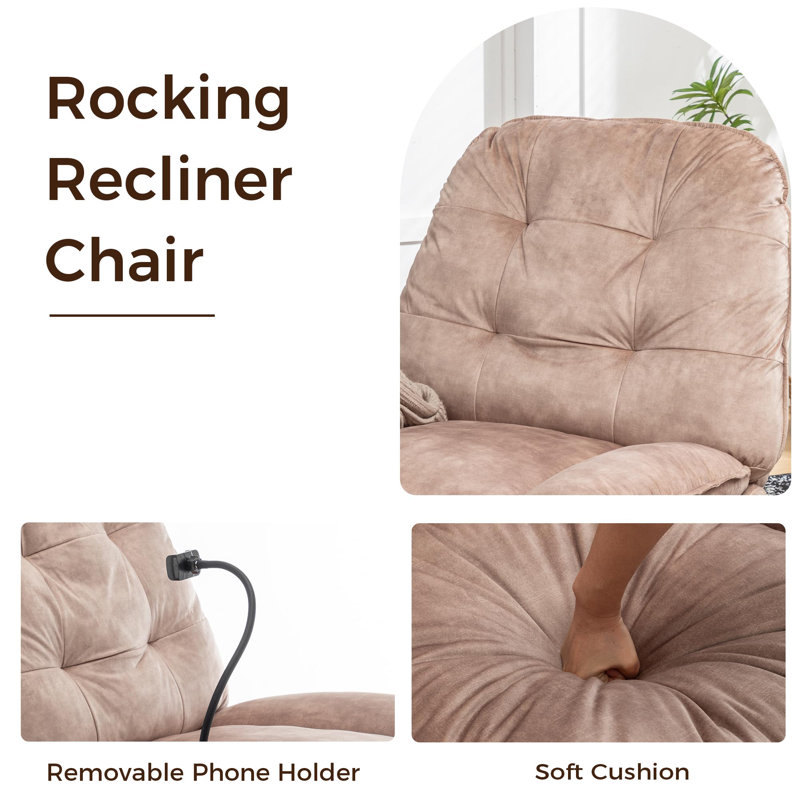 Fauteuil inclinable pivotant à 360 ° en velours surdimensionné avec support pour téléphone portable, Rose