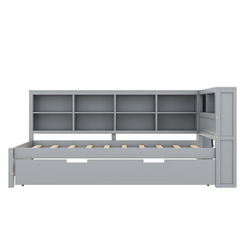 Daybed With Trundle, Shelf And USB Charging Ports, Gray, Twin