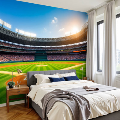 Peel and Stick Wallpaper Panoramic View Baseball Stadium Green Field Spectators Wall Murals 100"H x 144"W Removable PVC Wall Paper Self-Adhesive Wall Decor for Bedroom Living Room Home Office