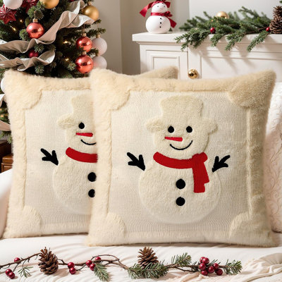 Housses de coussin de Noël 18 x 18, ensemble de 2 housses de coussin décoratives en fausse fourrure de lapin de Noël, bonhomme de neige, housse de canapé beige brodée en 3D, canapé, chambre à coucher, salon, vacances, hiver, décoration de la maison