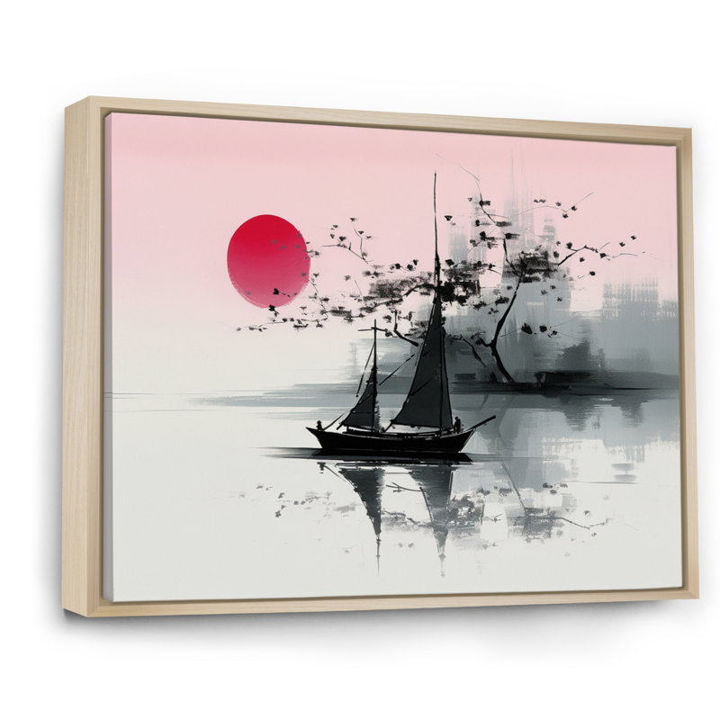 Art asiatique, voilier Sumi I - impression, Cadre naturel flottant, H 34 po x l 44 po x P 1,5 po