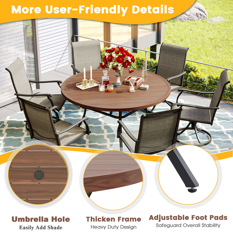 Deval 6 - Person Patio Dining Set with Round Table, Brush Wood Brown