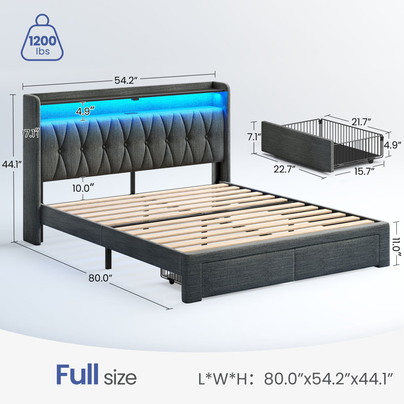 Bed Frame with RGB LED Lights, Upholstered Bed with Drawers and Charging Station, Full/Double, Gray
