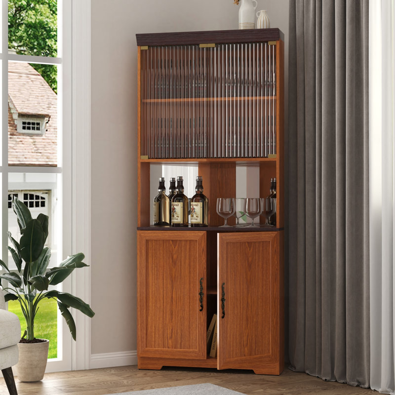 Armoire de rangement d'angle de 70,86 po de hauteur avec portes en verre et dossier en miroir, Dark Oak