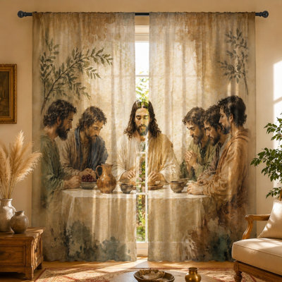 2Pcs The Last Supper print curtains, light filtering fabric, religious scene art design, rod-pocket, for living room, bedroom, home decoration