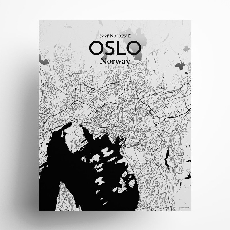 Oslo, carte de la ville, impression, Noir et blanc, H 20 po x l 16 po