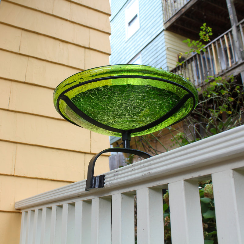 Fern Green Crackle Glass Birdbath with Wrought Iron Bracket