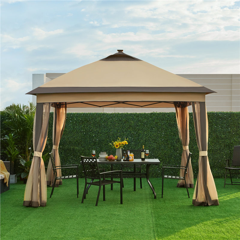 11 Ft. W x 11 Ft. D Iron Patio Gazebo with Solar LED Lights, Black, Brown