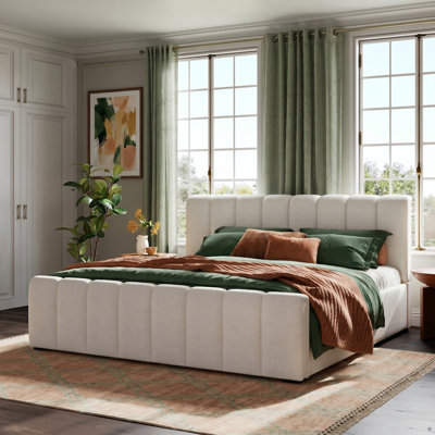 Sahara Upholstered Linen Bed Frame with Thick Headboard &  Solid Wood Legs