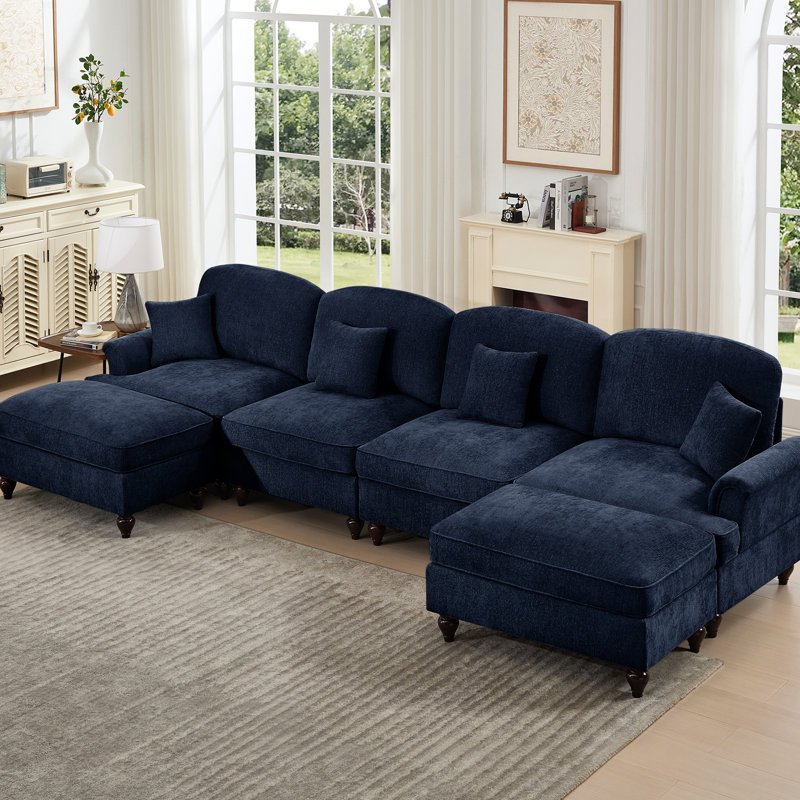 Canapé modulaire classique en U à 4 places avec accoudoirs évasés, jupes de plis à volants amovibles et pieds fuselés, repose-pieds en chenille bleue avec repose-pieds en nuage
