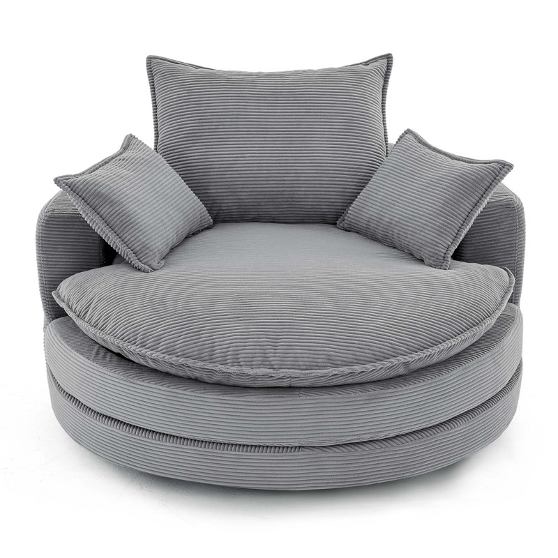 57.5" W Oversized Corduroy Upholstered 360° Swivel Round Accent Barrel Chair, Gray
