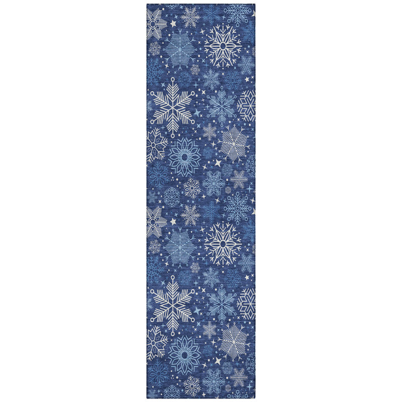 Machine Washable Indoor/Outdoor Christmas Snowflake Xhevrie Navy Rug, Runner 2'3" x 7'6"