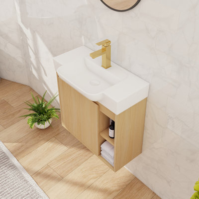 24 inch Wall Mount Vanity with Ceramic Sink, Modern Floating Bathroom Cabinet with Open Shelf and Single Door, Space-Saving Design for Half Bath