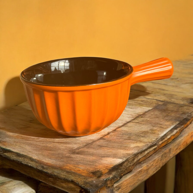 Set of Matt orange reactive glaze handled bowls small and large