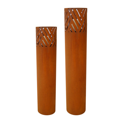 Rust Industrial Outdoor Lantern Column Set of 2, Decorative Garden Accent with Candles, Indoor Outdoor Steel Lantern Pillars (37.5" + 29.5")