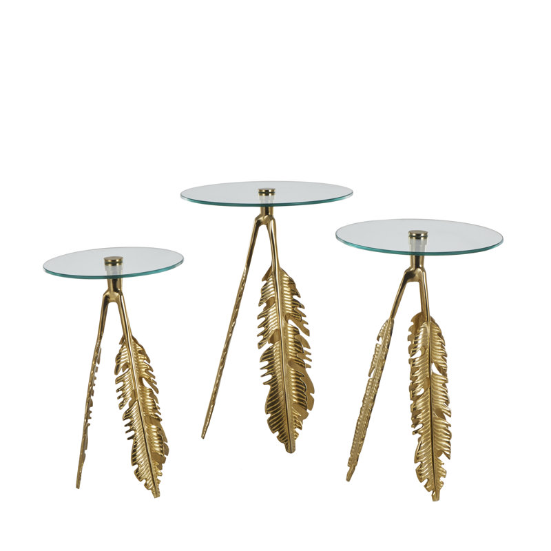 Onesimos Aluminum Metal Leaf Side End Accent Table with Tripod Legs and Tempered Glass Top Set, Gold