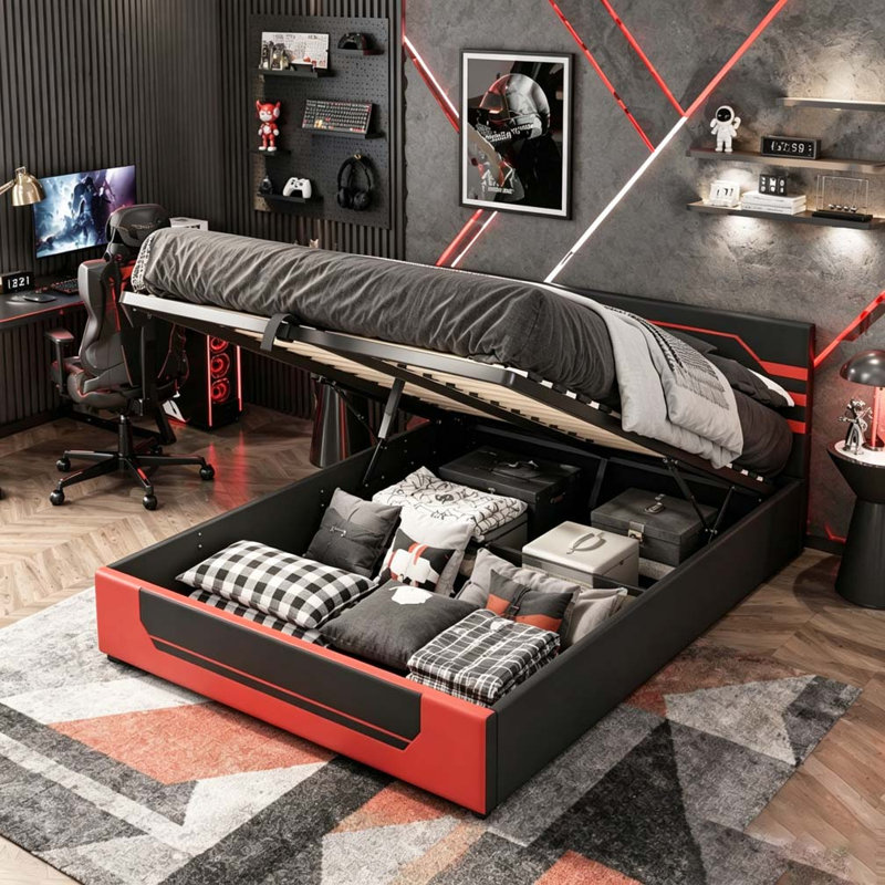 Base de lit de jeu hydraulique moderne, Black+Red