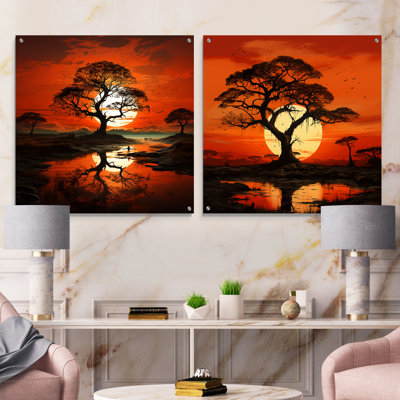 Sunset Silhouettes Of Baobab Tree - Tree Baobab Acrylic Wall Art Glass Set Of 2
