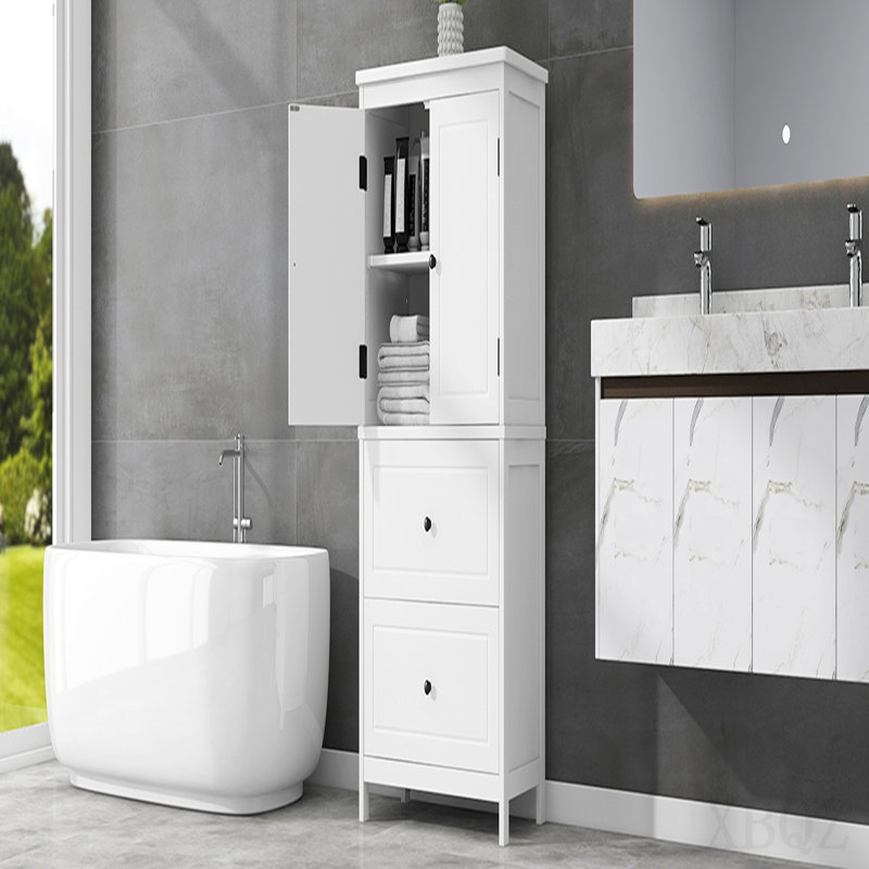 Bathroom Storage Cabinet, Cabinet With Two Doors And Drawers, Adjustable Shelf, Mdf Board, White