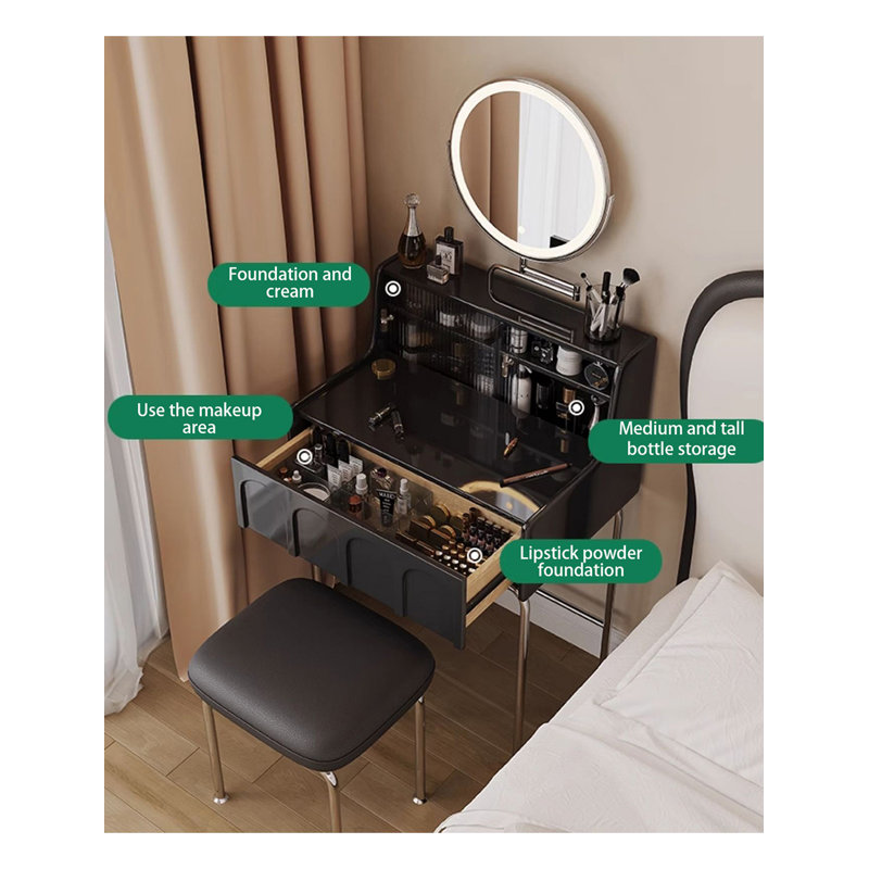French‑style Small Black Dressing Table with Wood & Stainless Steel for Bedroom