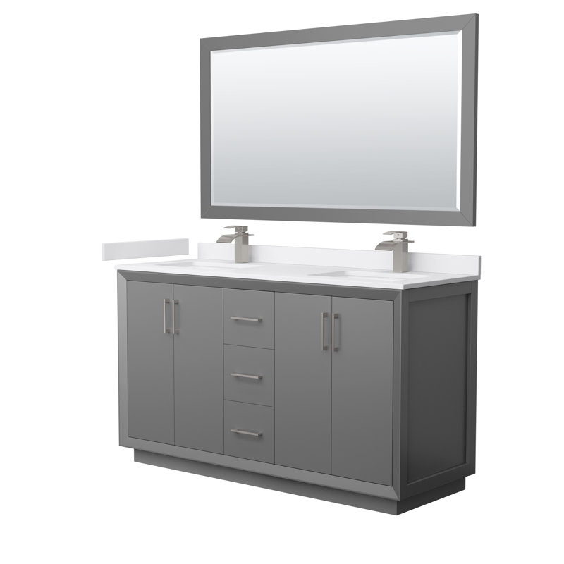 Ensemble de meuble-lavabo double 60 "avec miroir_Carrara Strada, Gris foncé, Nickel brossé, Marbre de culture de Carrare