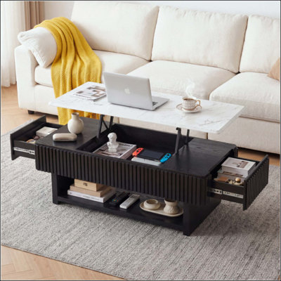 Table basse rectangulaire à plateau relevable avec tiroir et rangement caché, table cannelée moderne avec plateau en marbre et bandes en bois massif, table centrale multifonctionnelle pour les petits espaces, salon
