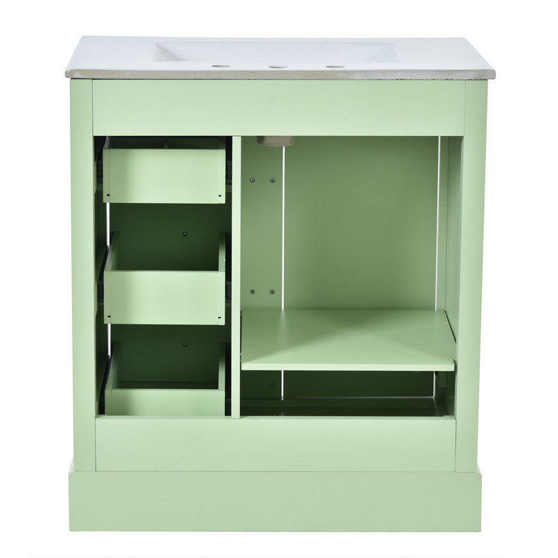 Armoire de meuble-lavabo 30 po avec lavabo en céramique, 3 tiroirs et tablettes réglables, Vert