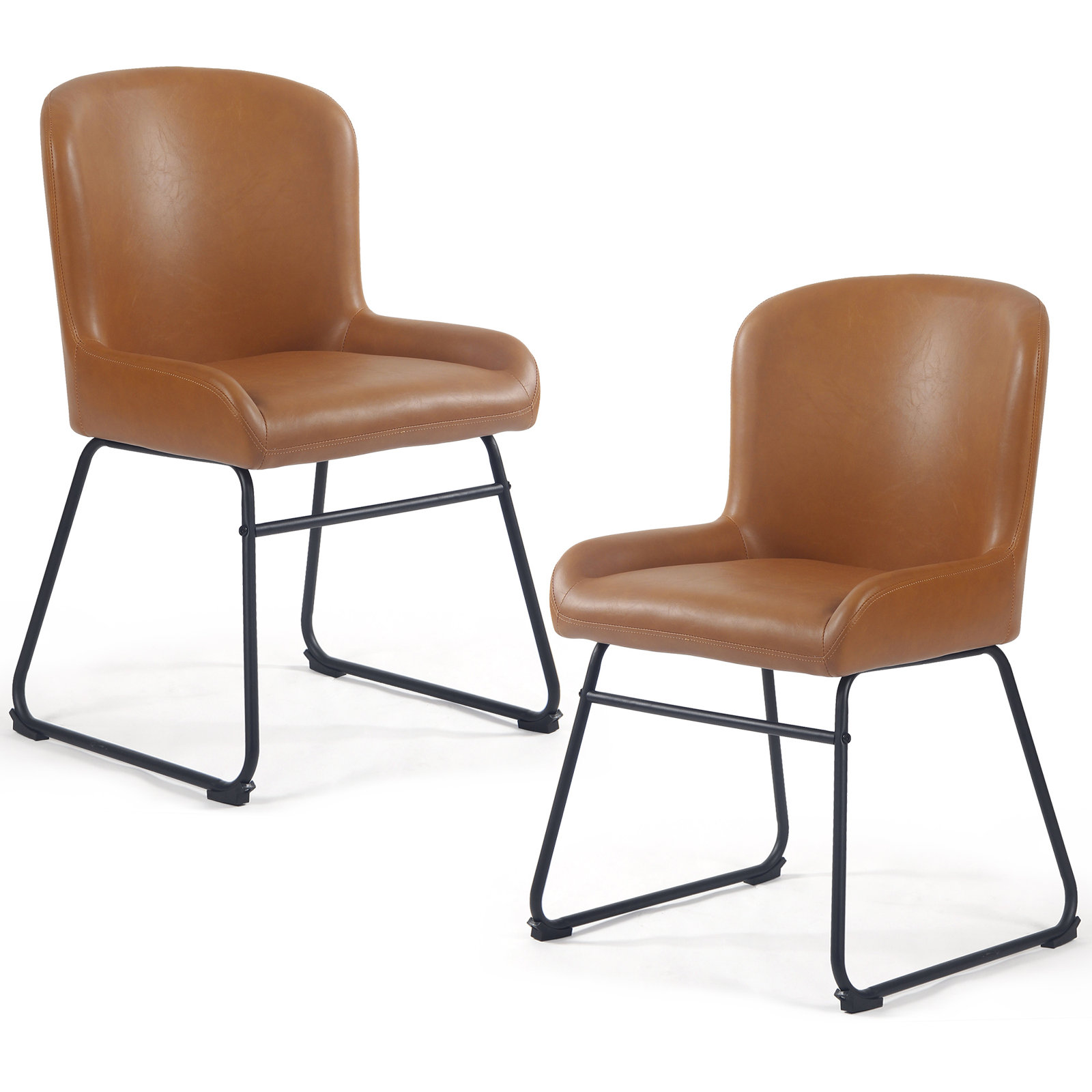 Set of 2 Modern Upholstered Faux Leather Dining Chairs with Black Metal Frame Kitchen Side Chairs for Dining Room & Living Room