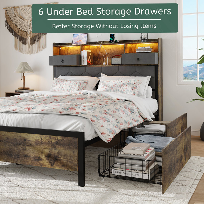 Queen Size Vintage Brown Upholstered Metal Frame Bed with Storage and Charging Station