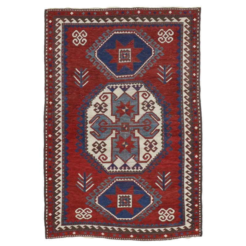 Tapis unique rouge / bleu 4 pi 7 po x 6 pi 10 po avant 1900